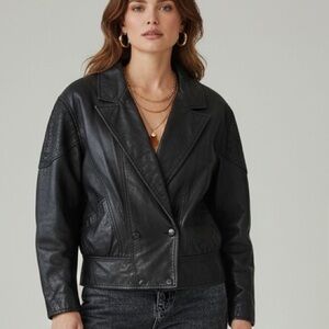 Vintage 80s 90s  Black Leather Jacket shoulder pads Animal Print Detail